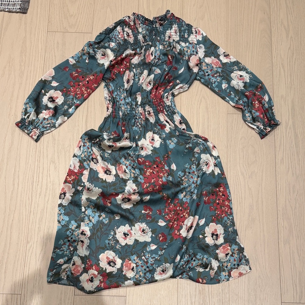 Zara Teal Floral Long Sleeve Midi Dress with Red and White Blooms